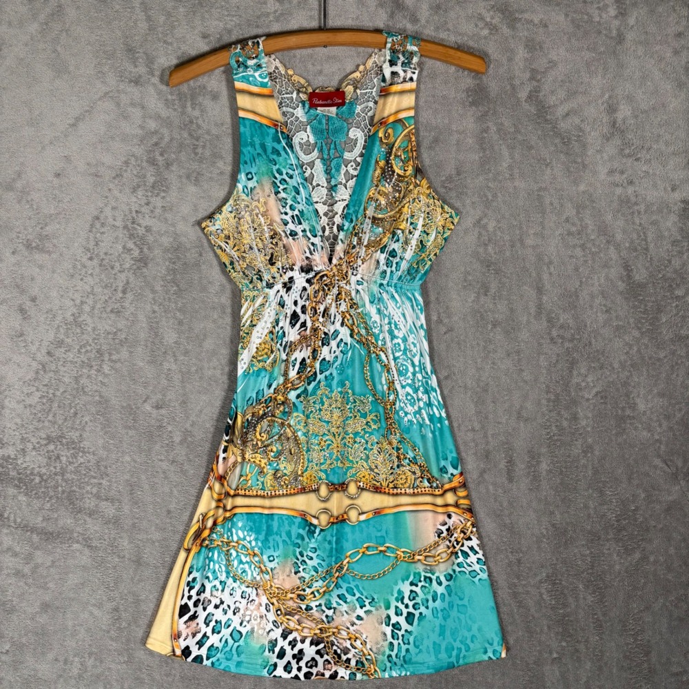 Vintage Panhandle Slim Teal Animal Chain Print Lace Back Rhinestone Mini Dress S